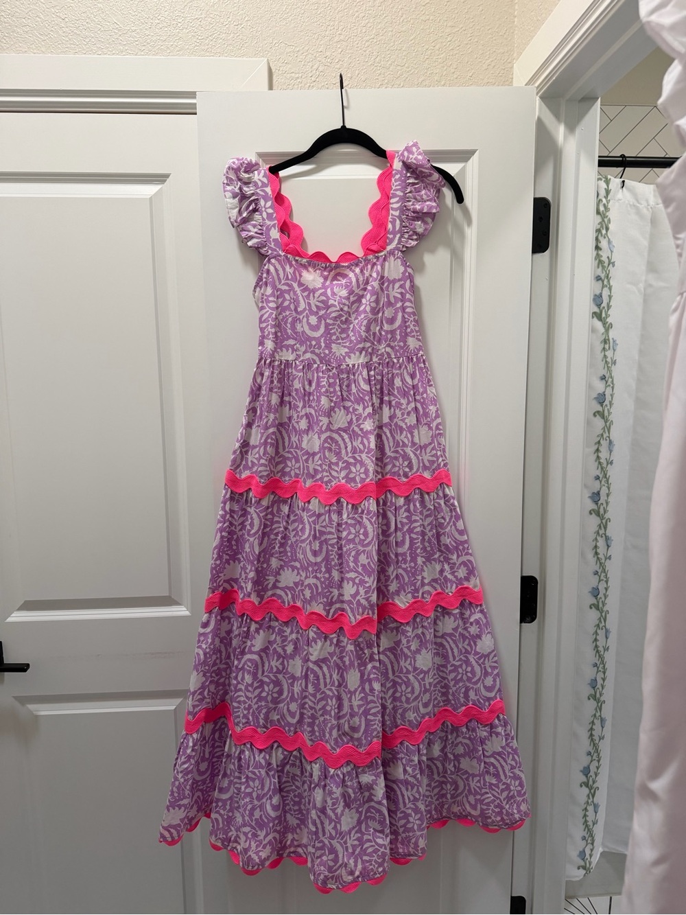 Pink City Prints Lilac Floral Maxi Dress with Bright Pink Trim